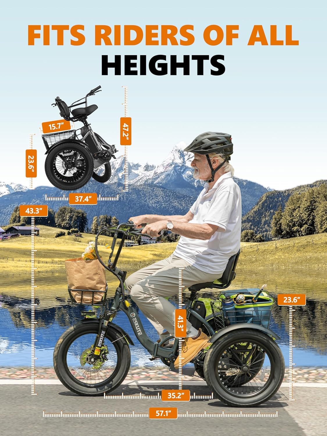 Foldable Electric Tricycle for Adults, 3-Wheel Fat Tire E-Bike with Step-Through Frame, Long-Range Electric Trike