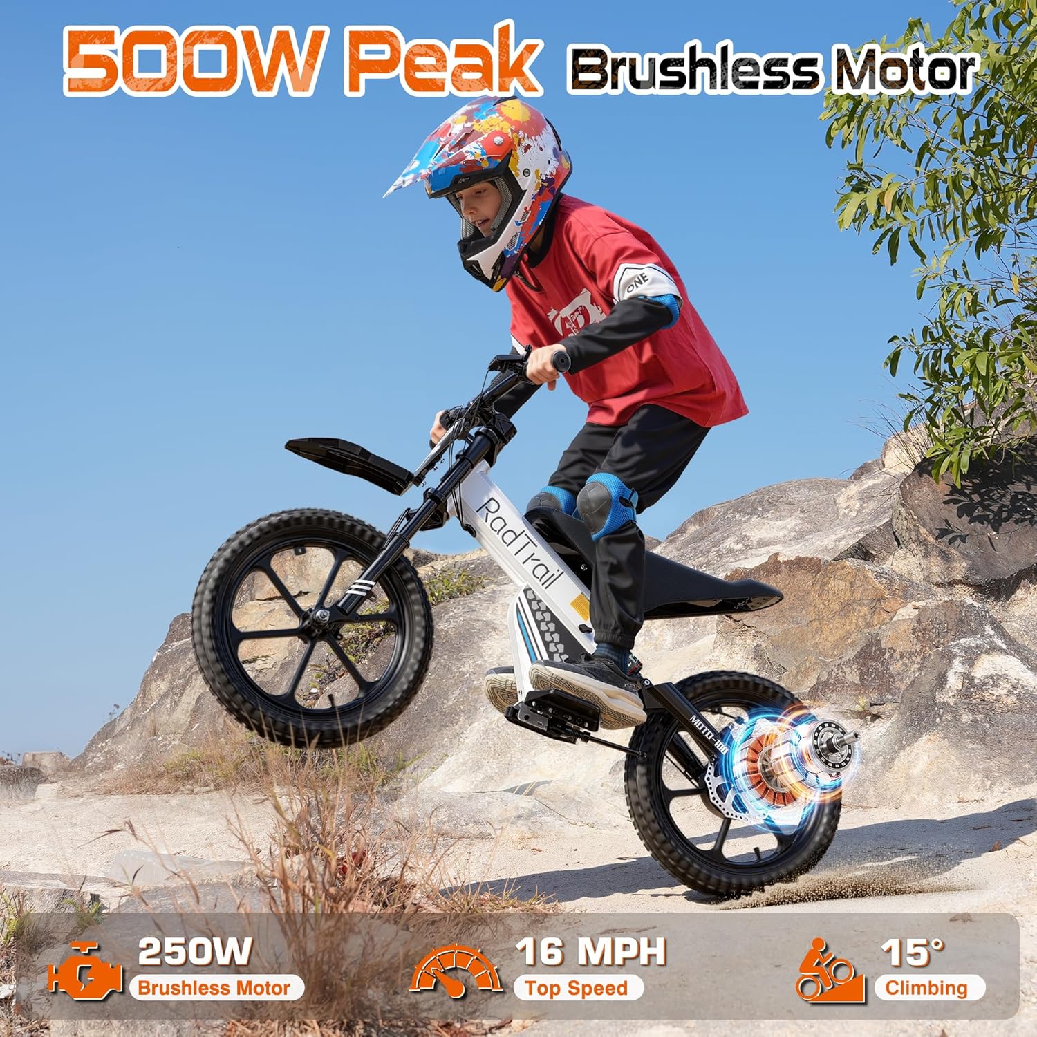Electric Dirt Bike for Kids (Ages 5+) – 500W Off-Road E-Bike with Dual Suspension & Disc Brakes