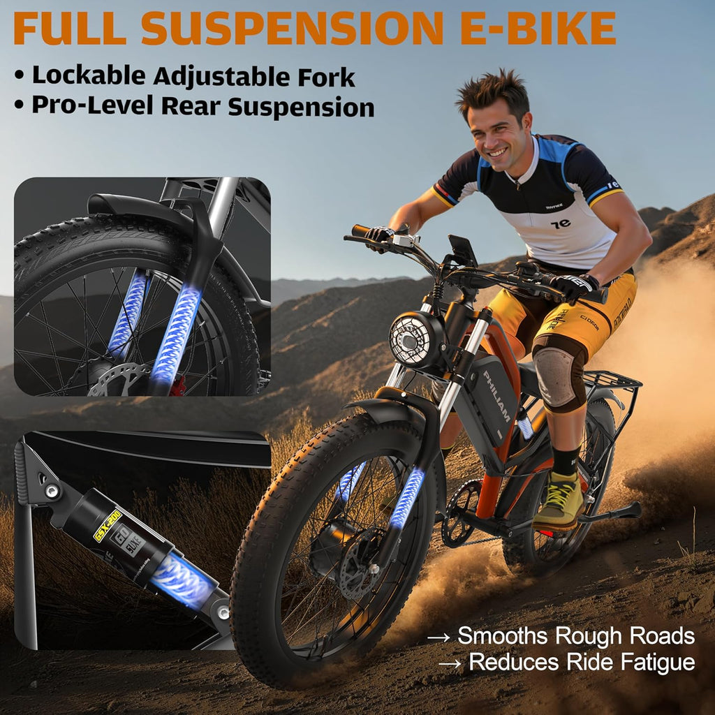 26" Fat Tire Electric Bike for Adults with 3000W/5000W Peak Dual Motor, Full Suspension, Up to 35 MPH & 80–100 Miles Range