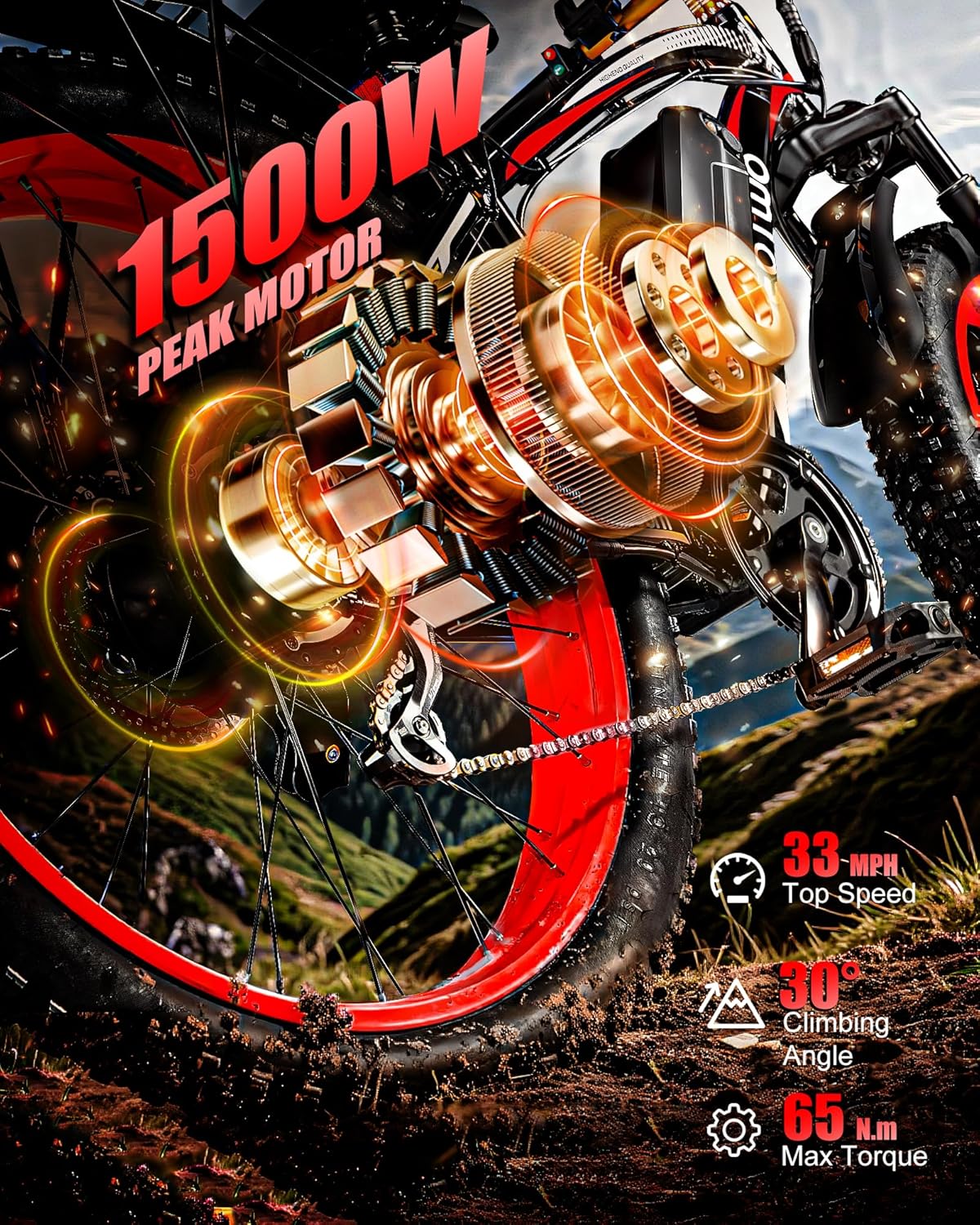 26" Fat Tire Electric Bike for Adults, 1500W Peak Motor, 28+ MPH, 7-Speed Electric Mountain Bike with Long-Range Performance