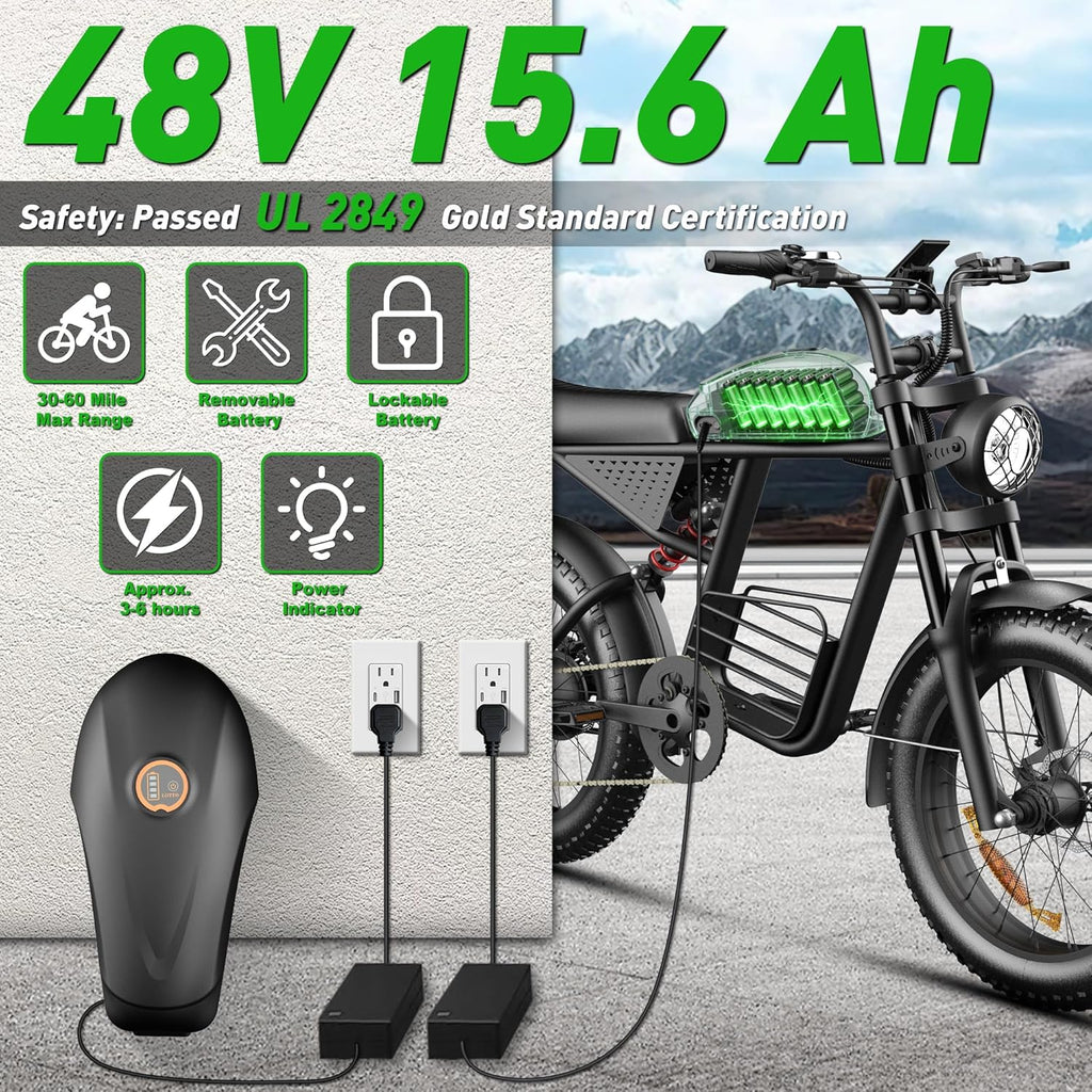 20-Inch Fat Tire Electric Bike for Adults, Long-Range All-Terrain E-Bike, Motorcycle-Style Design, USA Stock