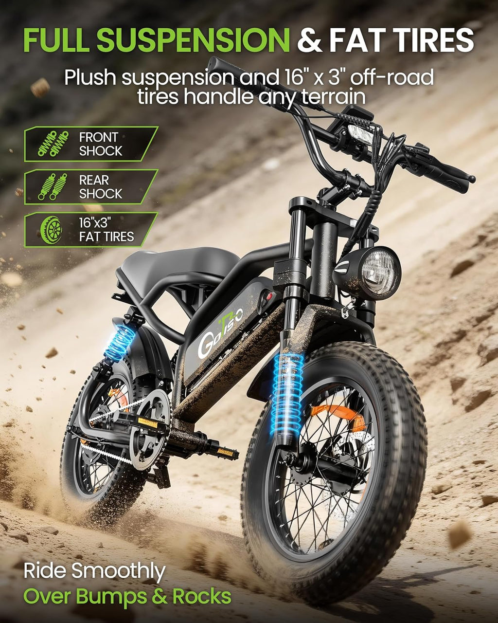 1500W Peak Electric Bike for Adults & Teens – 16-Inch Fat Tire All-Terrain E-Bike with Full Suspension & Up to 65-Mile Range