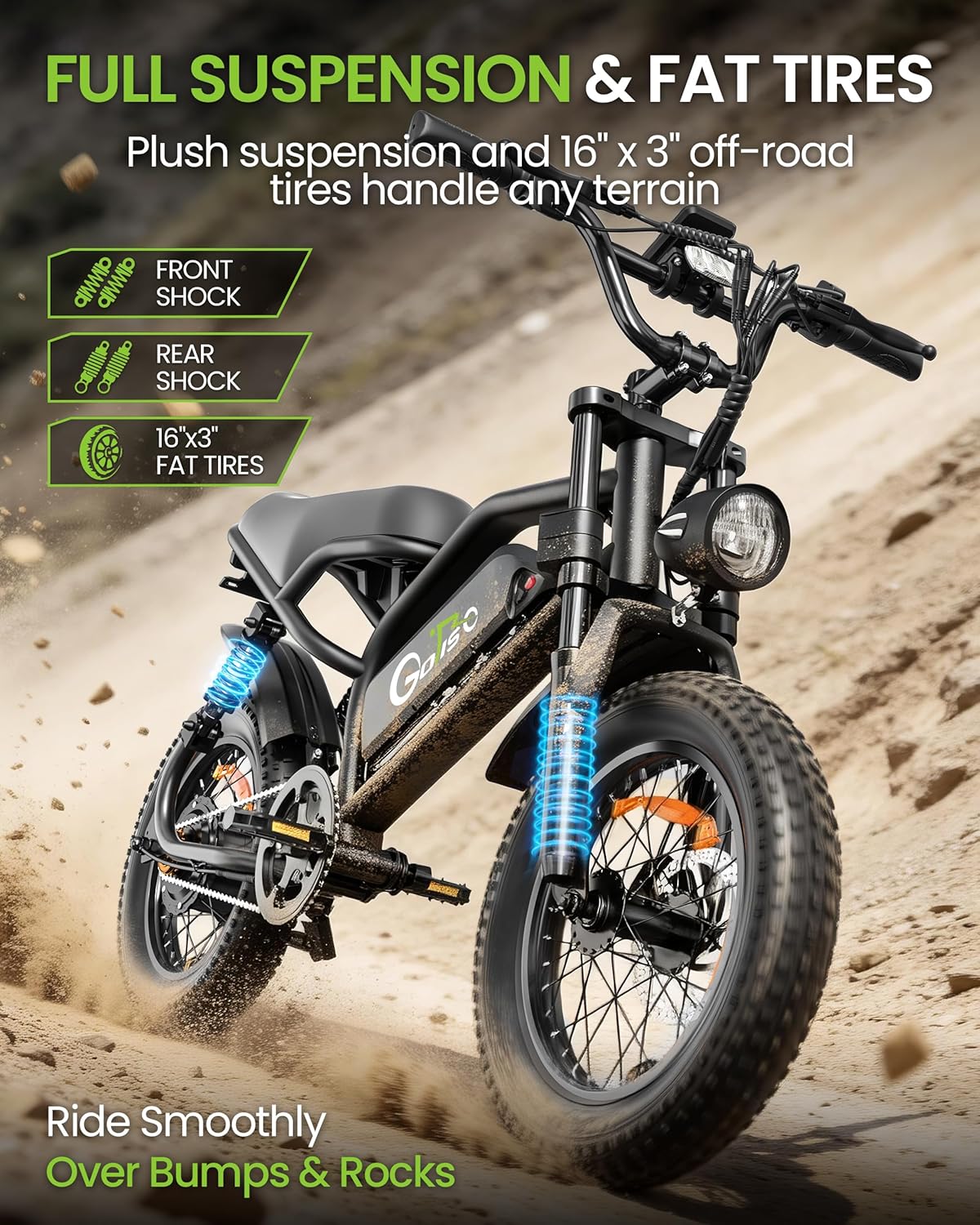 1500W Peak Electric Bike for Adults & Teens – 16-Inch Fat Tire All-Terrain E-Bike with Full Suspension & Up to 65-Mile Range