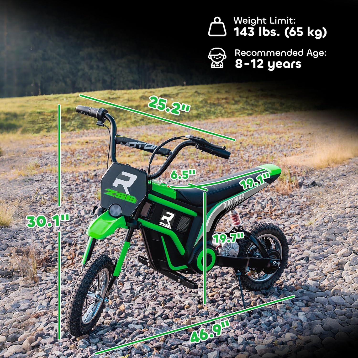 Electric Dirt Bike 350W Off-Road Motorcycle, Twist Grip Throttle, Up to 15 MPH, Rear Suspension, Music & Horn, Hand Brake, Green